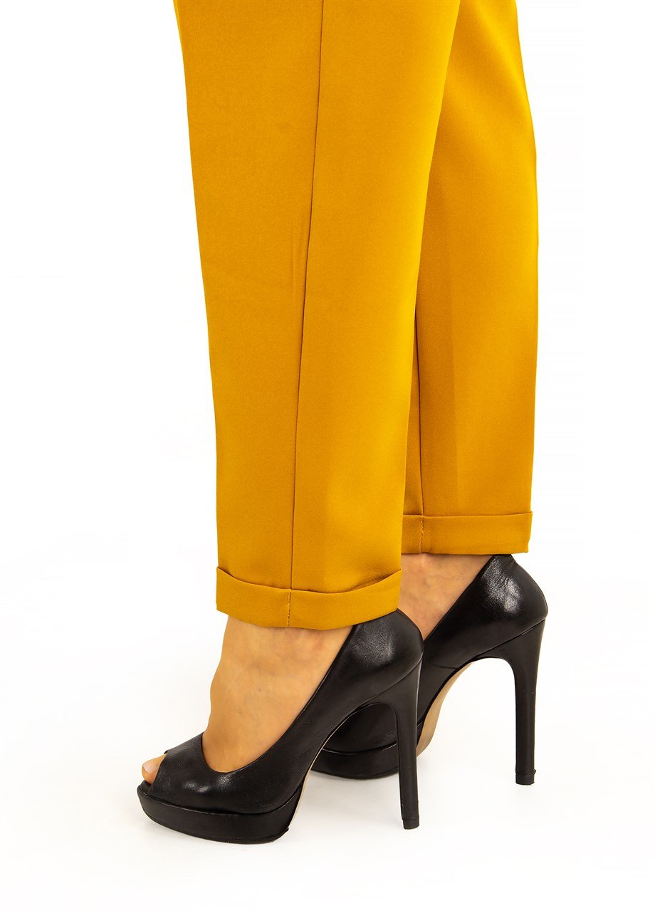Classic Trouser With Folded Hem Side Button - Mustard