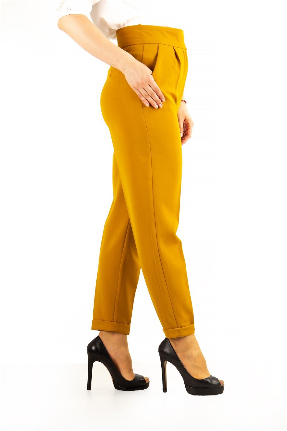 Classic Trouser With Folded Hem Side Button - Mustard