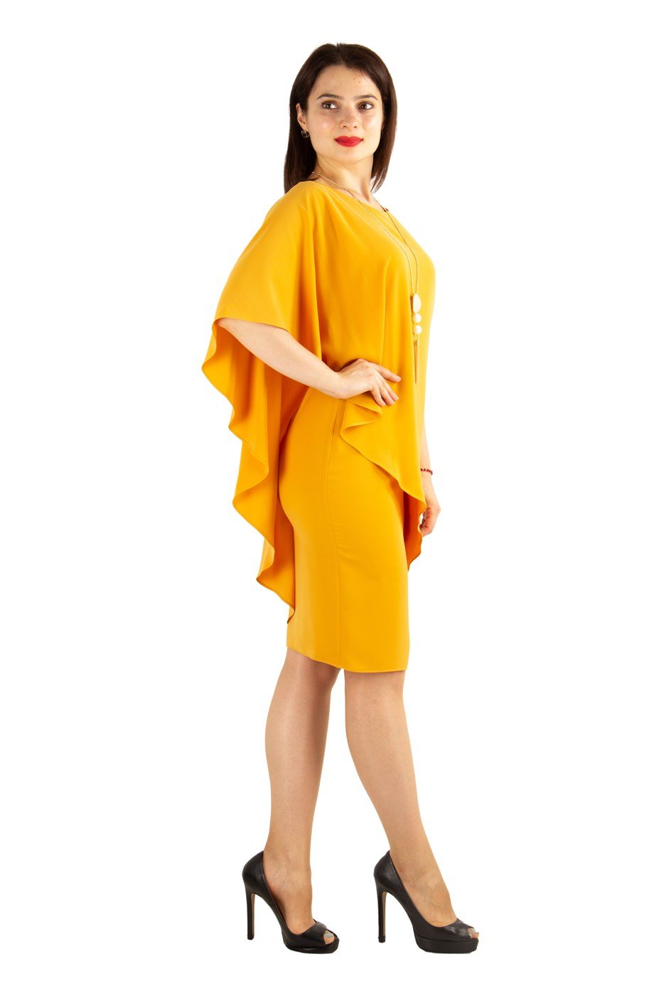 Cloak Cape Short Sleeve Elegant Dress - Mustard