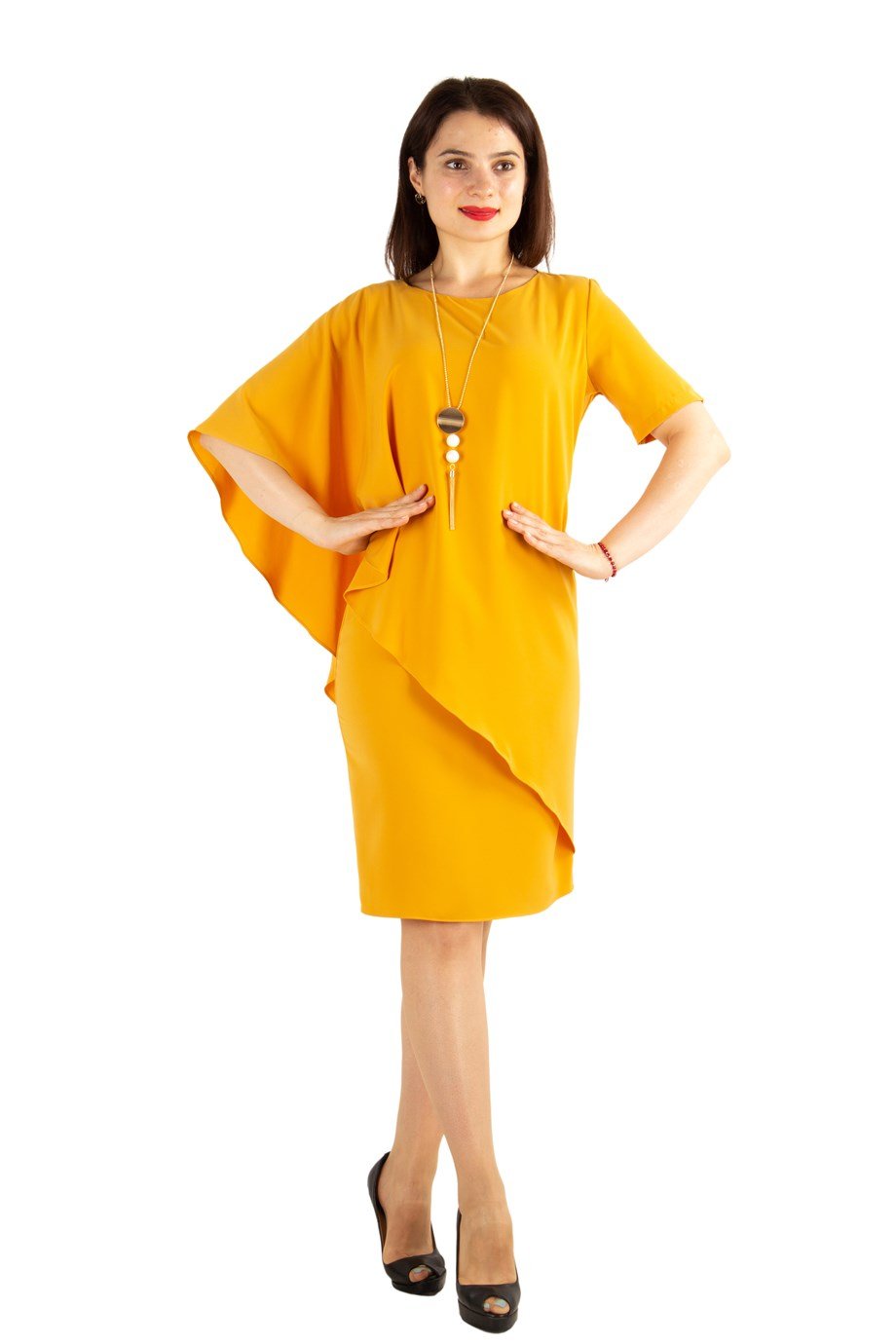 Cloak Cape Short Sleeve Elegant Dress - Mustard