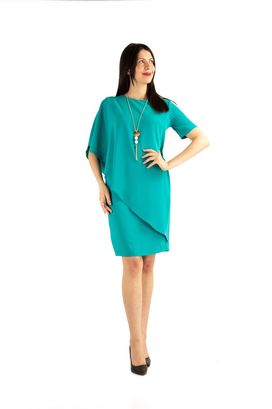 Cloak Cape Short Sleeve Elegant Dress - Benetton Green