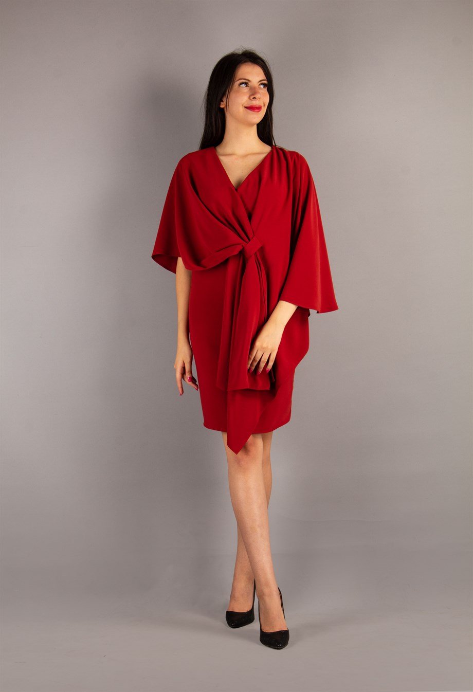 Cloak Shoulder Tie Front Big Size Dress - Sienna Brown