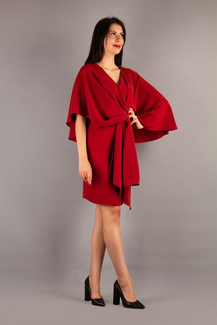 Cloak Shoulder Tie Front Big Size Dress - Sienna Brown