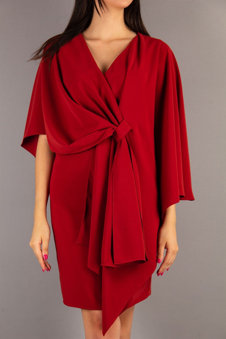 Cloak Shoulder Tie Front Big Size Dress - Sienna Brown