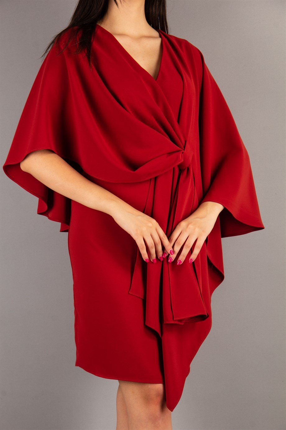 Cloak Shoulder Tie Front Big Size Dress - Sienna Brown