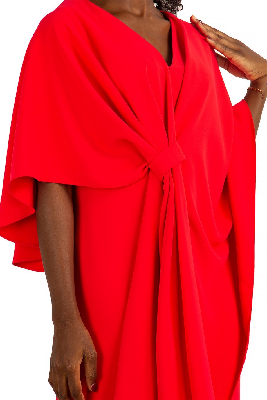 Cloak Shoulder Tie Front Dress - Red