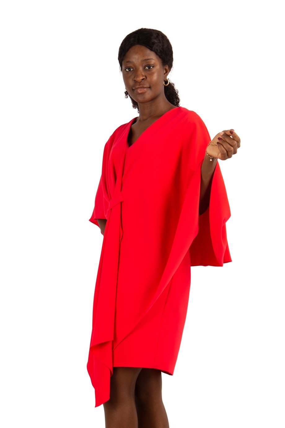 Cloak Shoulder Tie Front Dress - Red