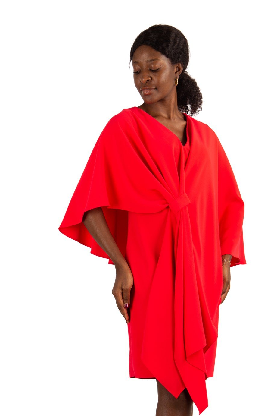 Cloak Shoulder Tie Front Dress - Red