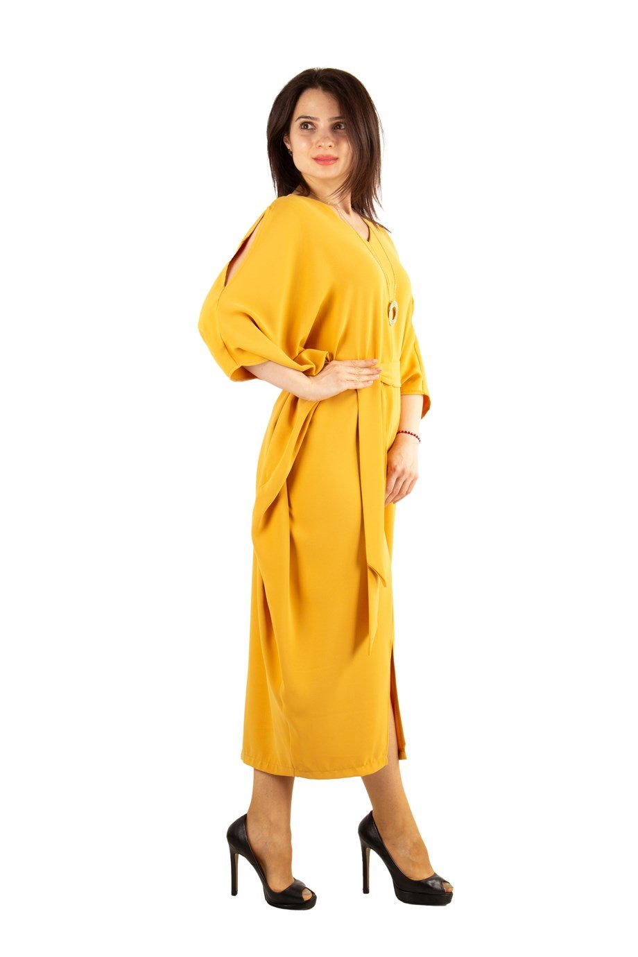 Cold Shoulder Batwing Maxi Dress - Mustard