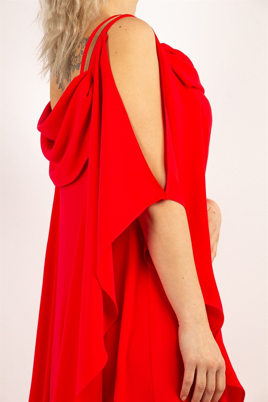 Cold Shoulder Gold Stripe Detail Draped Long Dress - Red
