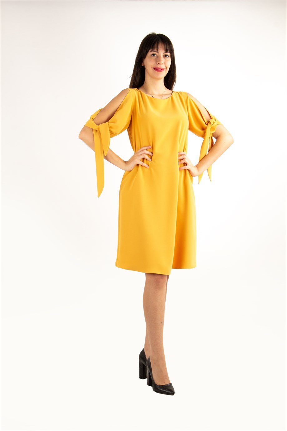 Cold Shoulder Tie Sleeve Big Size Dress - Mustard
