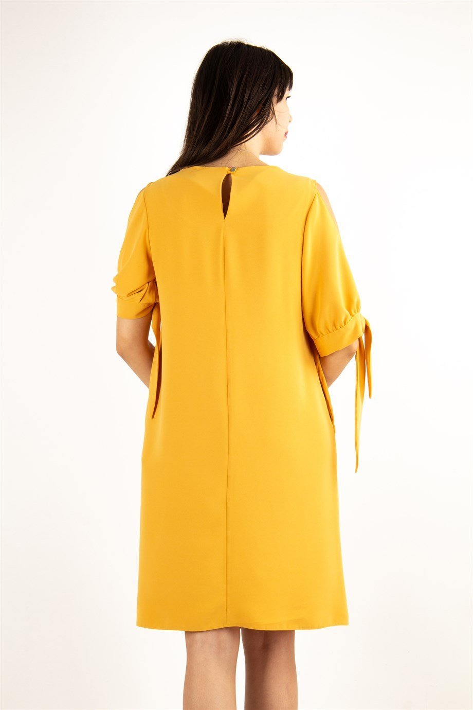 Cold Shoulder Tie Sleeve Big Size Dress - Mustard