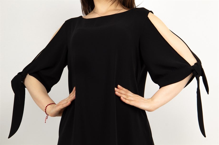 Cold Shoulder Tie Sleeve Dress - Black
