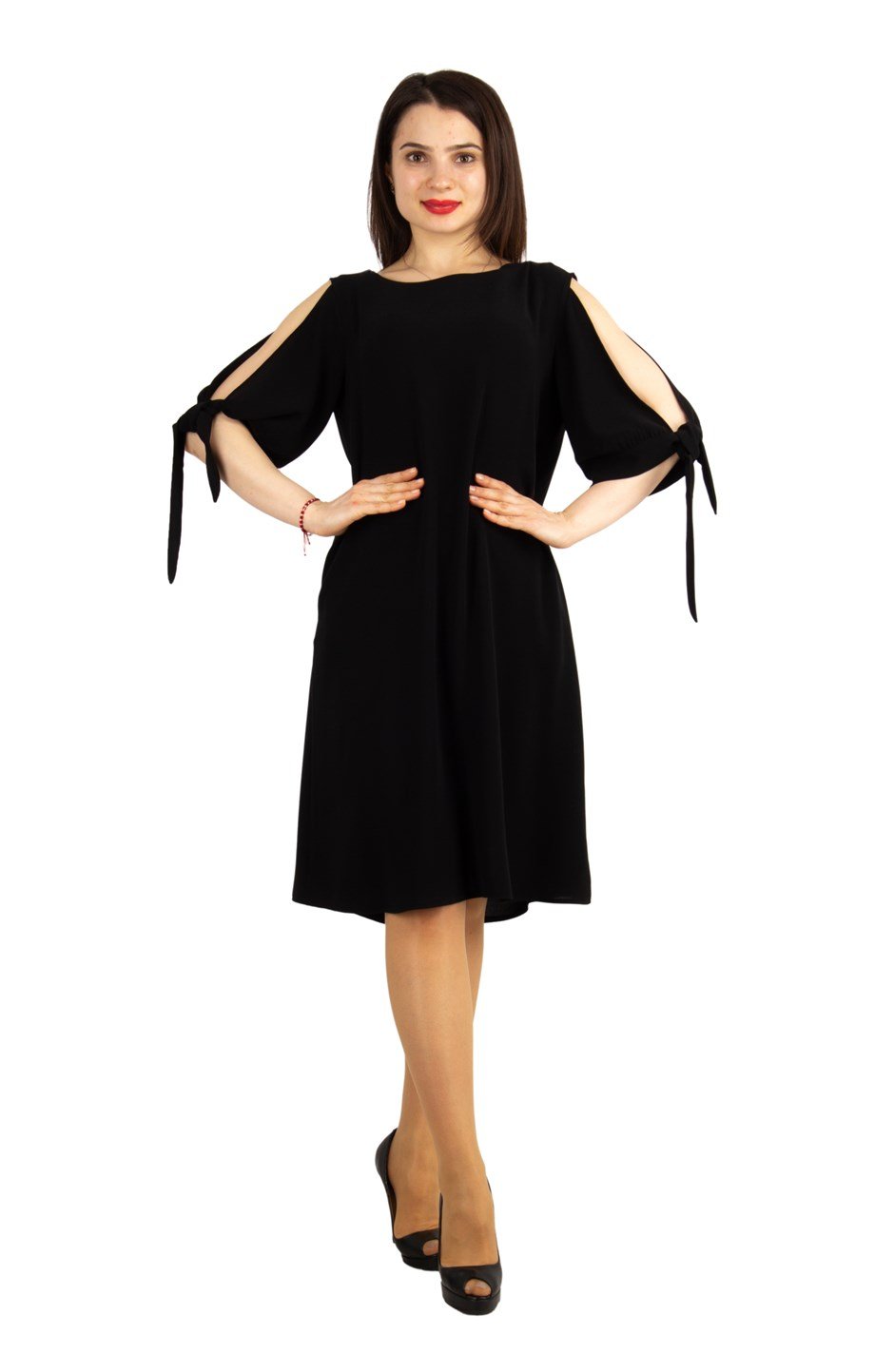 Cold Shoulder Tie Sleeve Dress - Black