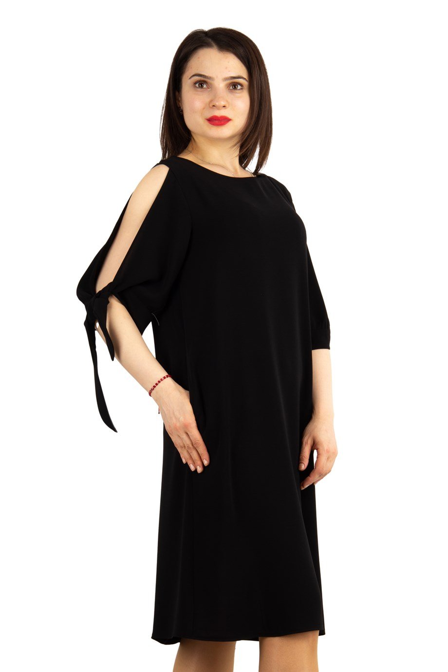Cold Shoulder Tie Sleeve Dress - Black