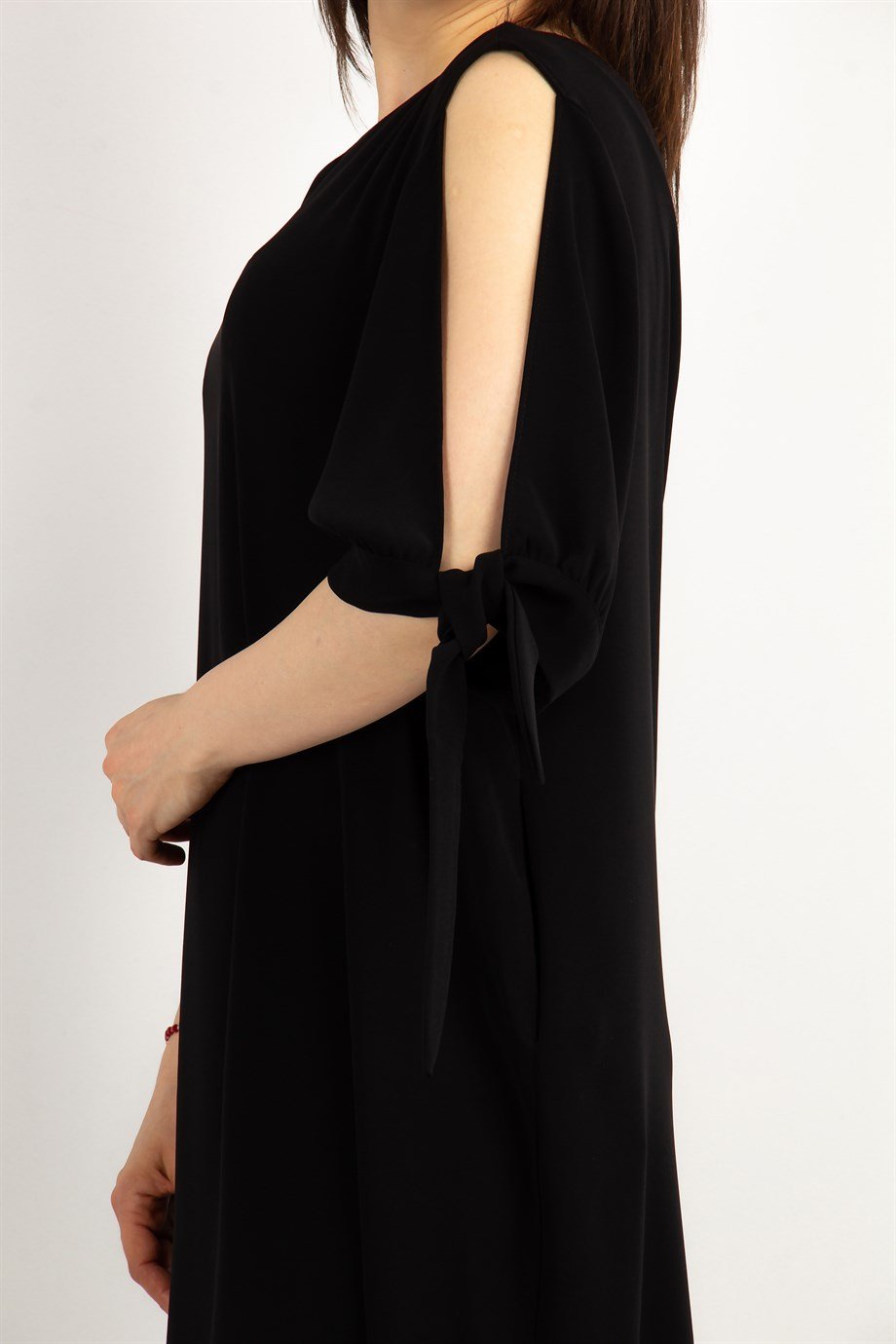 Cold Shoulder Tie Sleeve Dress - Black