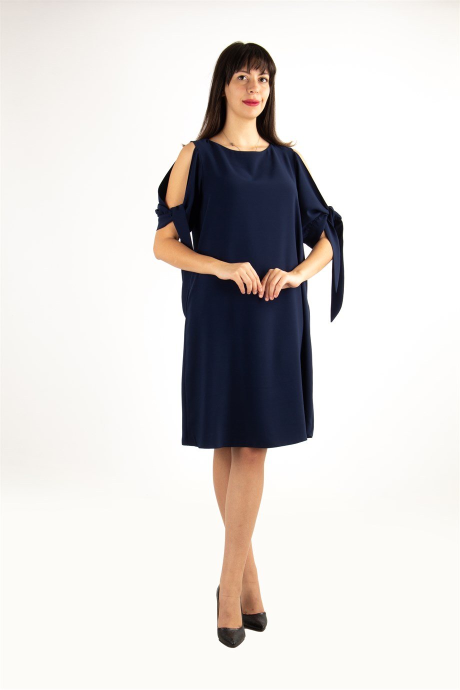 Cold Shoulder Tie Sleeve Dress - Navy Blue