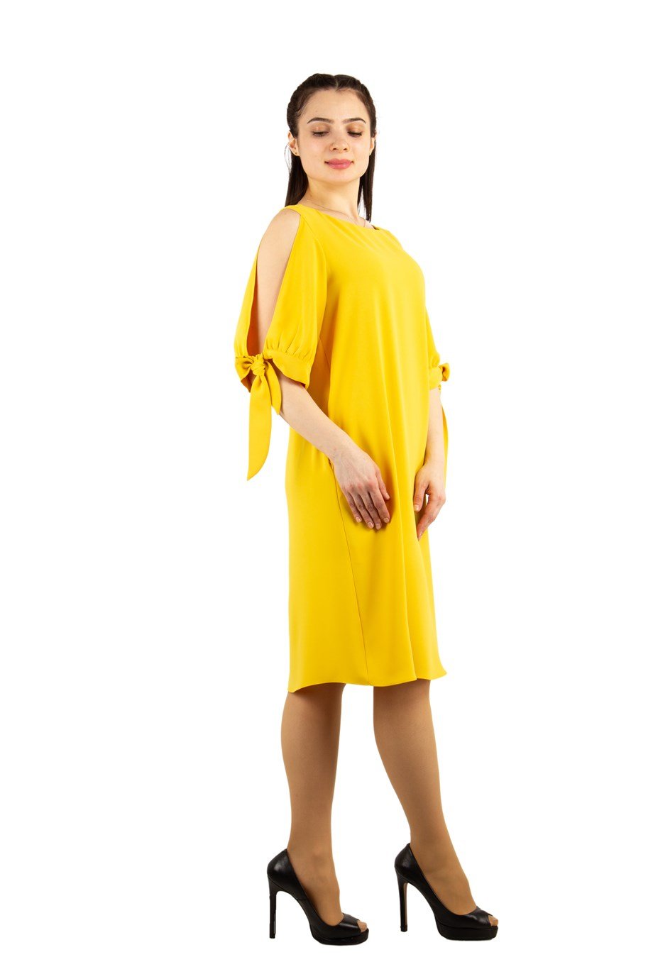 Cold Shoulder Tie Sleeve Dress - Yellow