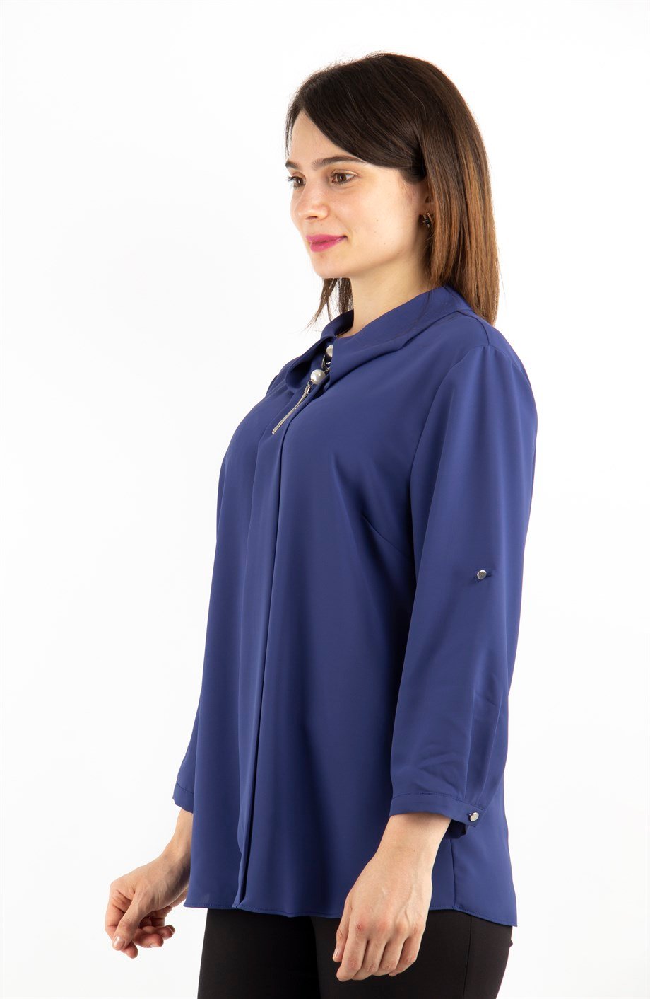 Collar Brooch Detail Blouse - Prussain Blue