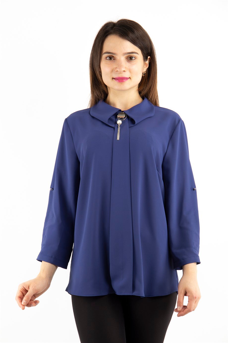 Collar Brooch Detail Blouse - Prussain Blue