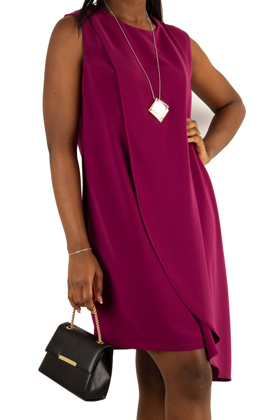 Crew Neck Draped Big Size Dress - Maroon