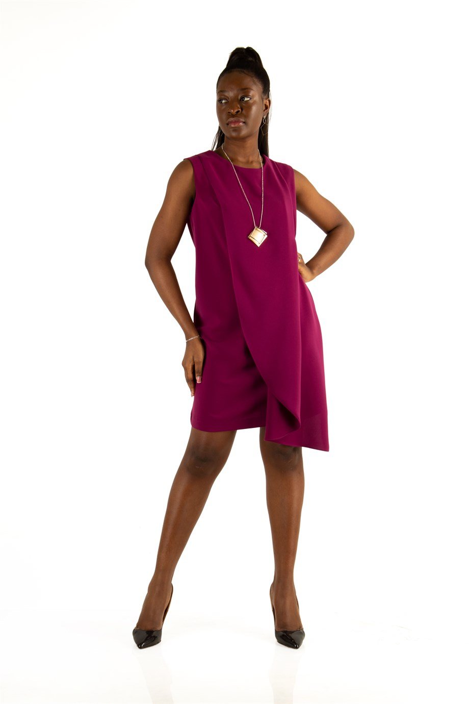 Crew Neck Draped Big Size Dress - Maroon