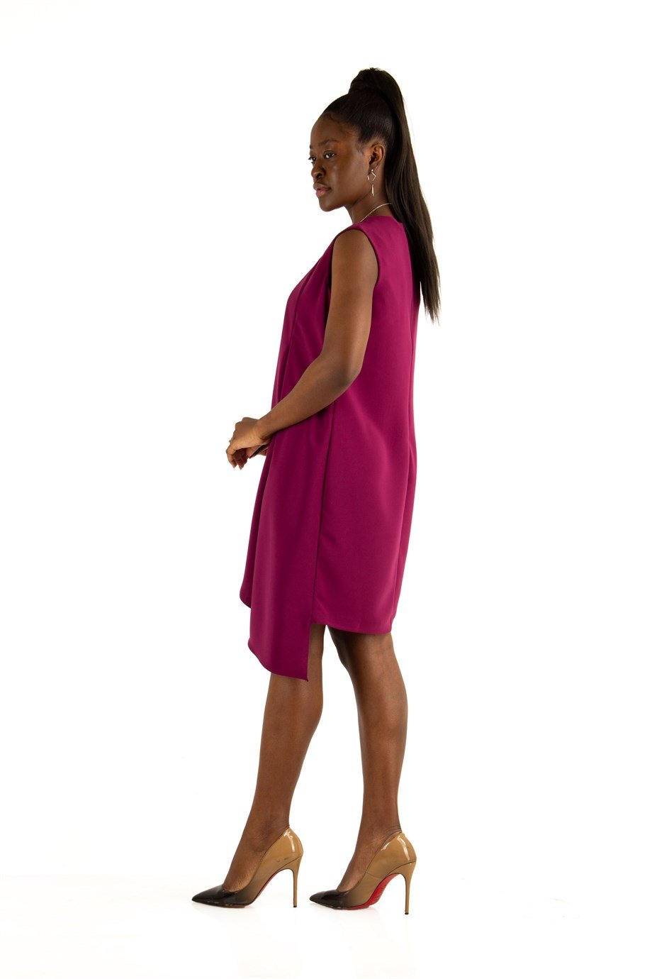 Crew Neck Draped Big Size Dress - Maroon