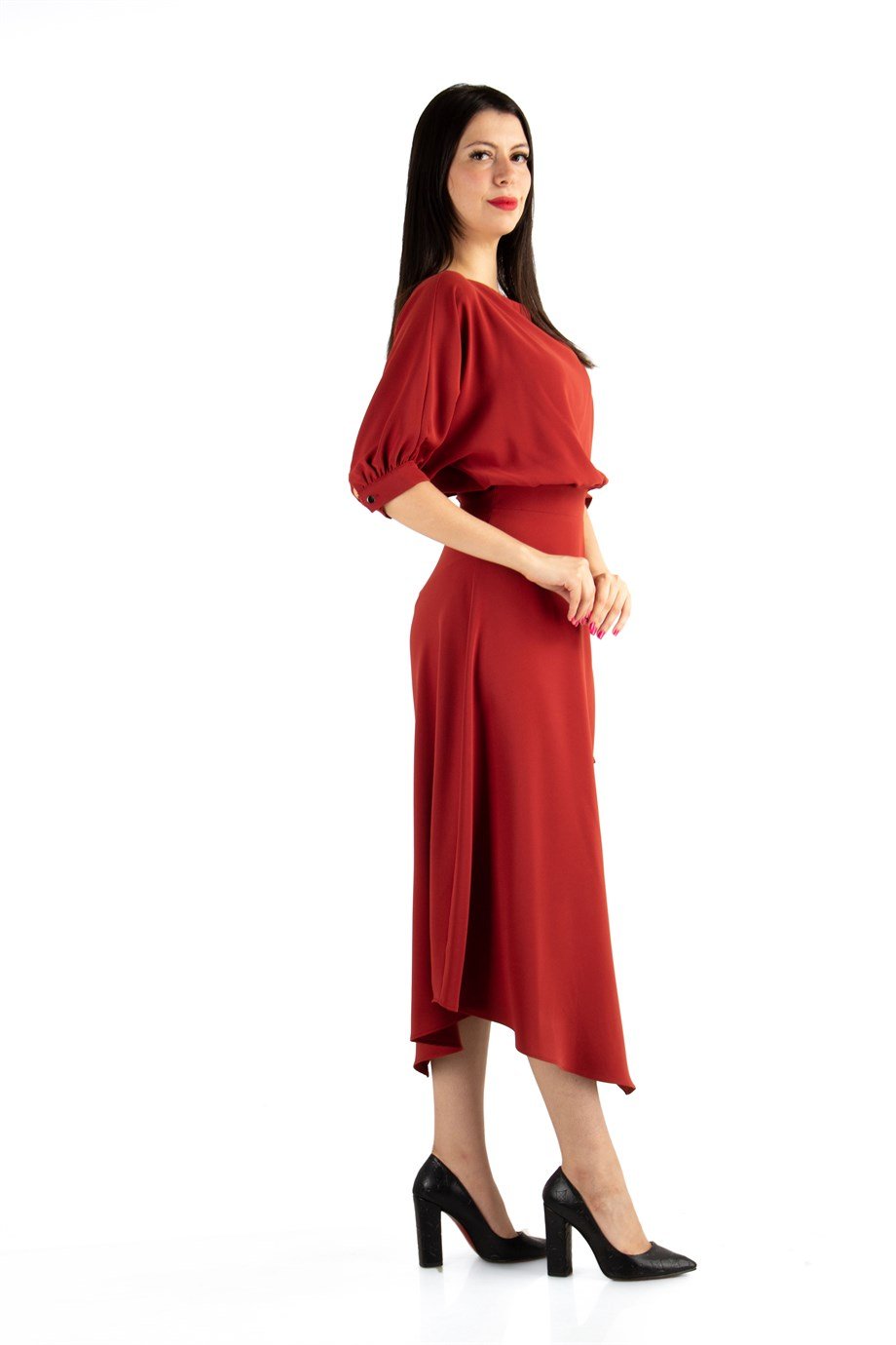 Drape Asymmetric Midi Dress - Maroon