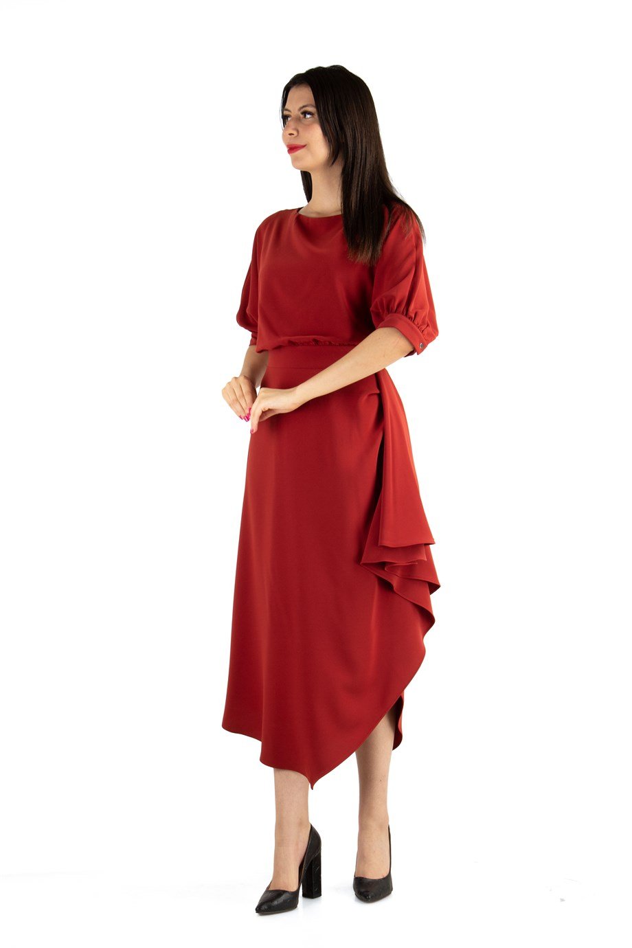 Drape Asymmetric Midi Dress - Maroon