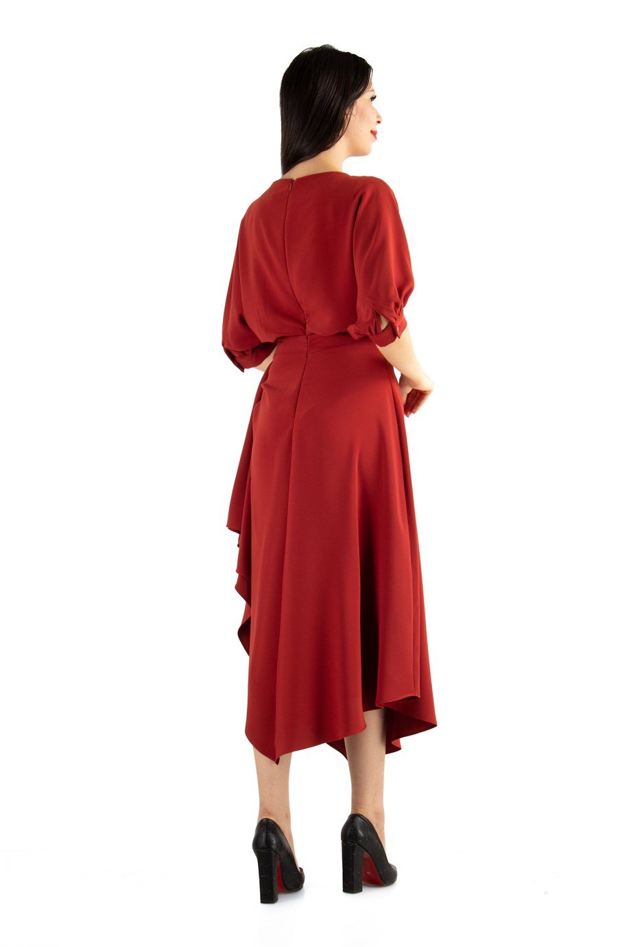 Drape Asymmetric Midi Dress - Maroon