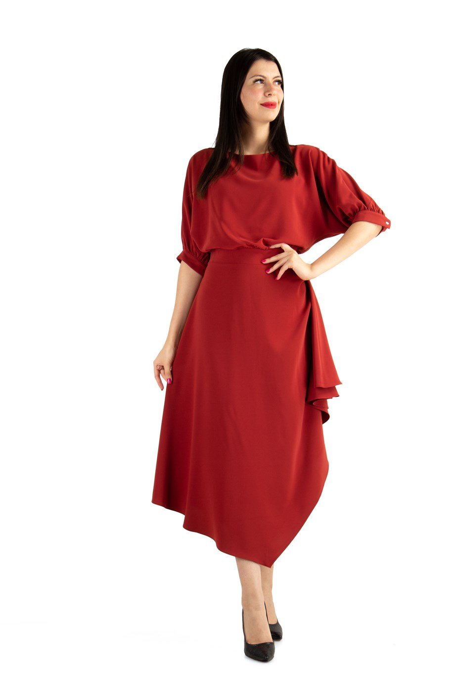 Drape Asymmetric Midi Dress - Maroon
