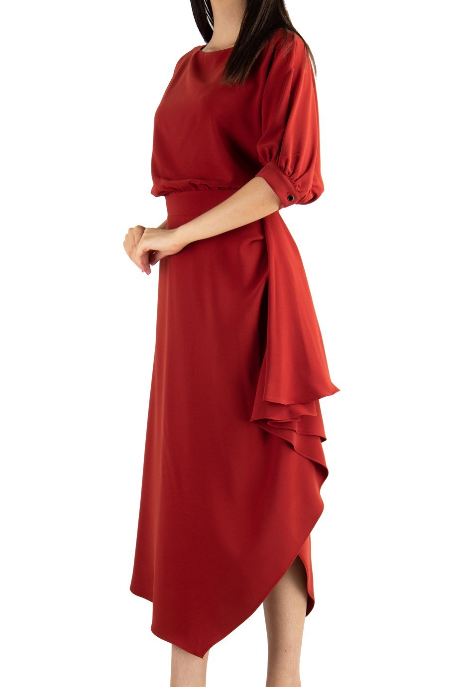 Drape Asymmetric Midi Dress - Maroon