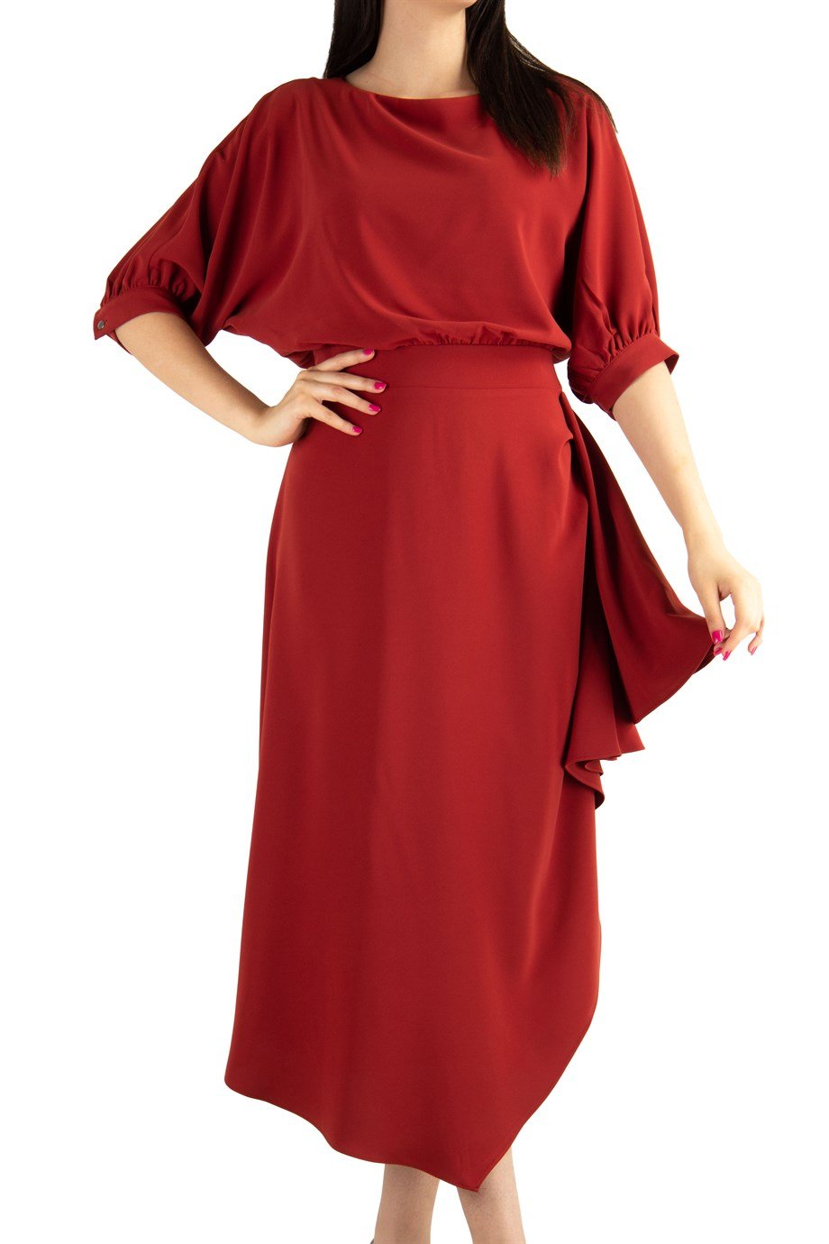 Drape Asymmetric Midi Dress - Maroon