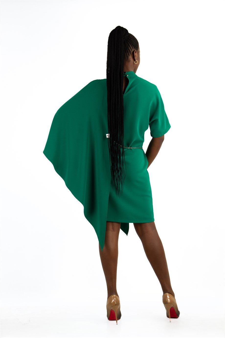 Draped Big Size Dress With Chain - Emerald Green