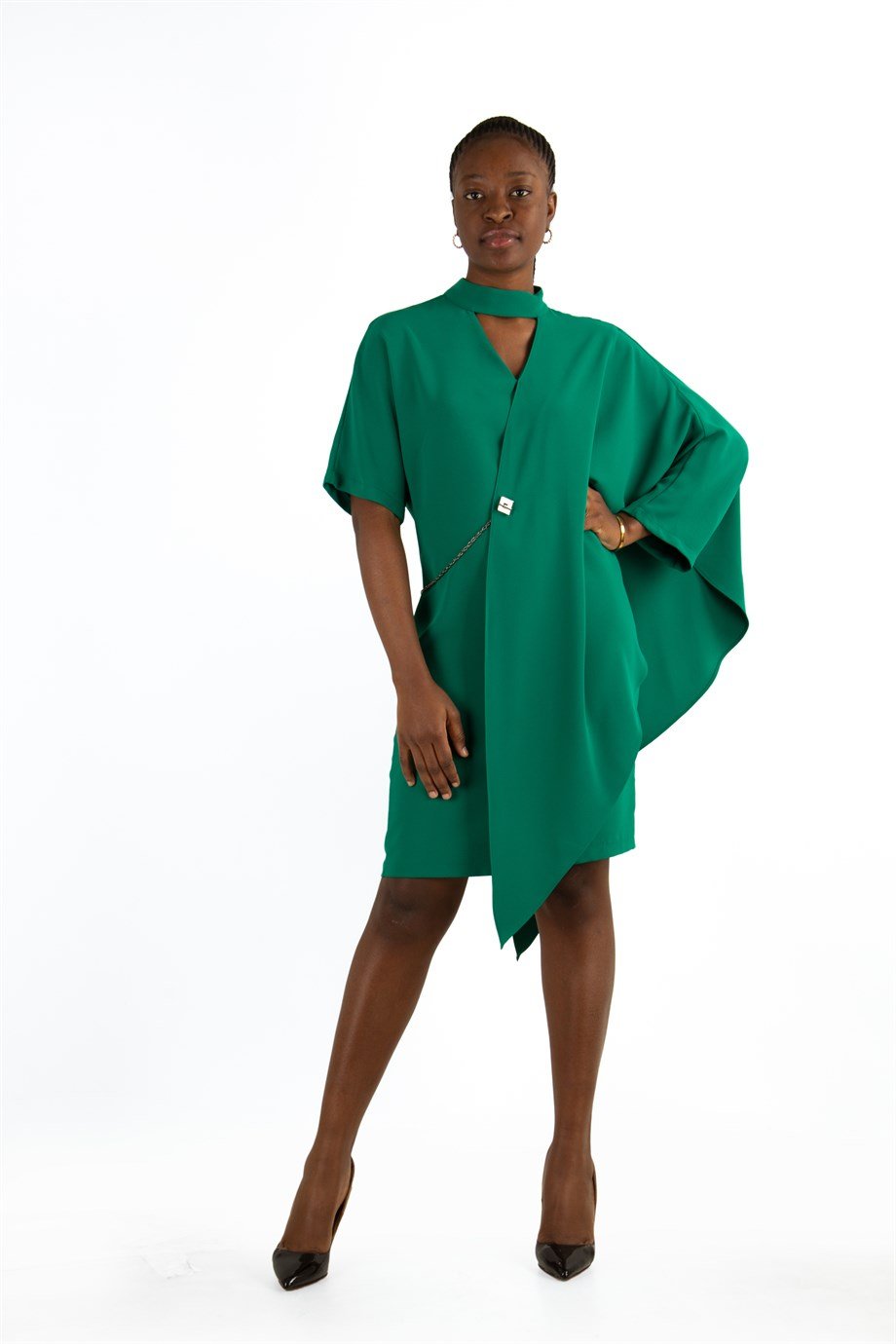 Draped Big Size Dress With Chain - Emerald Green