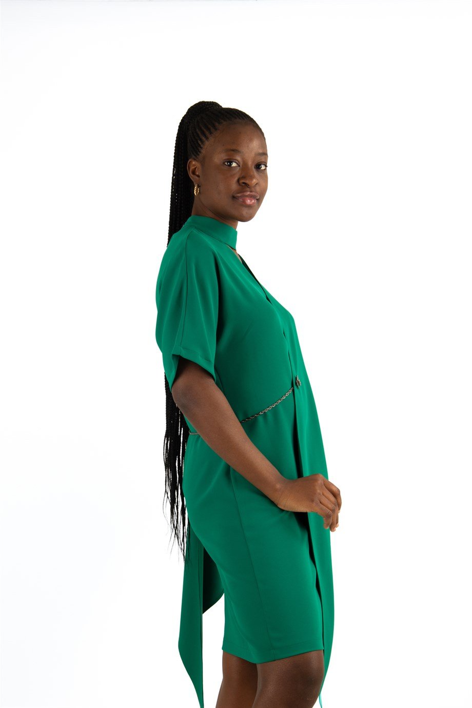 Draped Big Size Dress With Chain - Emerald Green