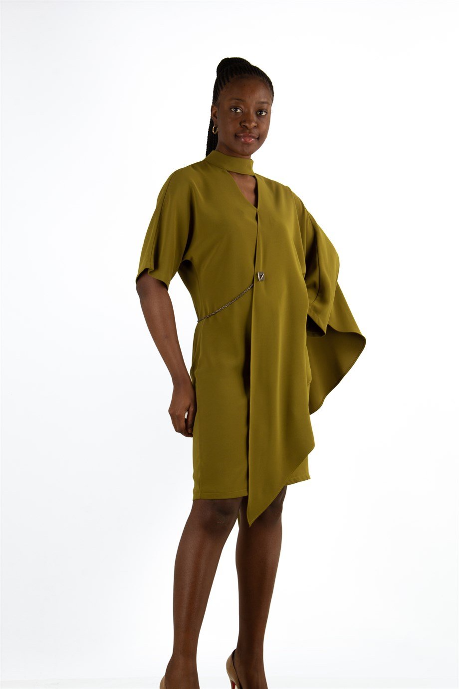 Draped Big Size Dress With Chain - Khaki