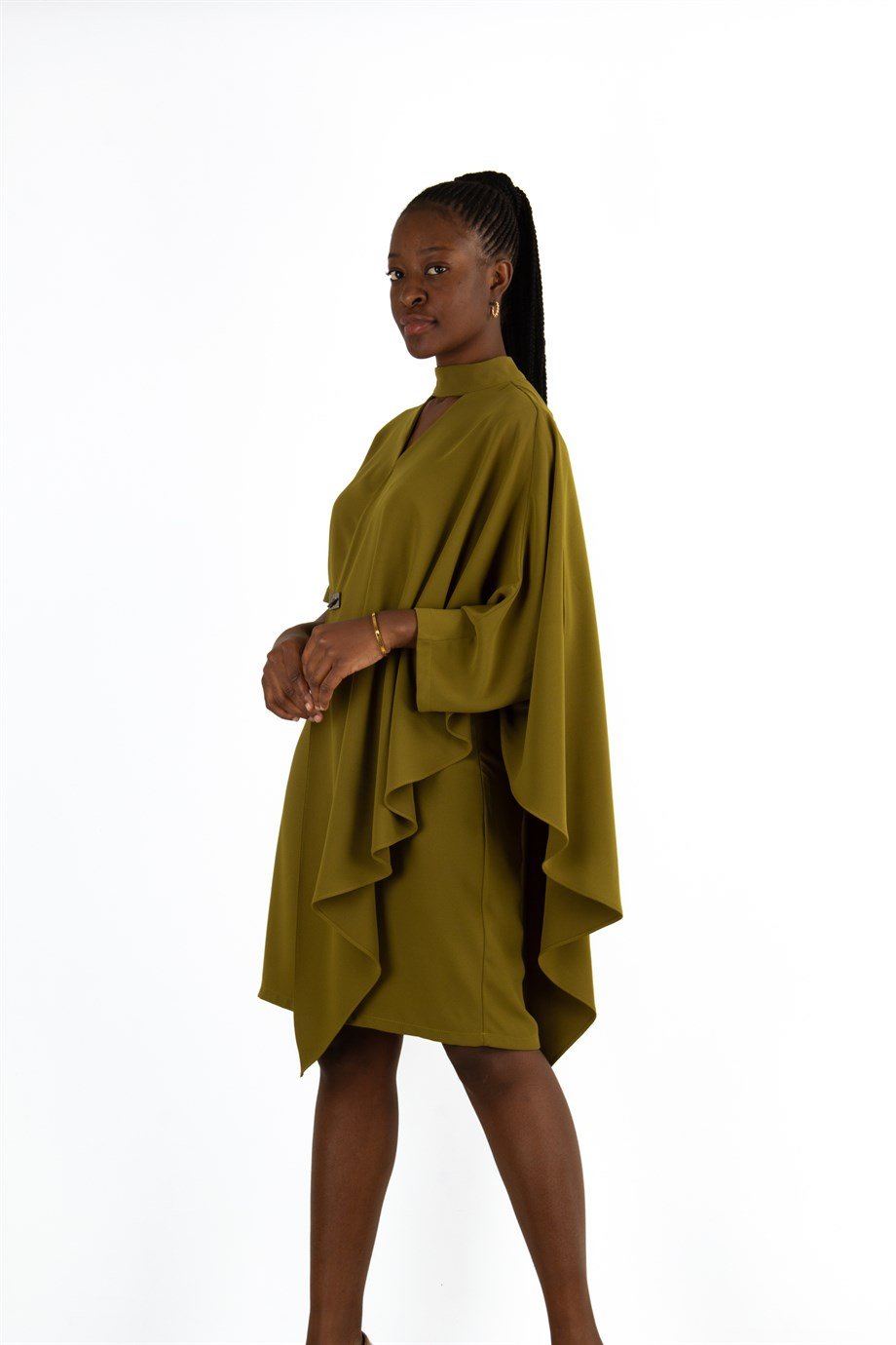 Draped Big Size Dress With Chain - Khaki