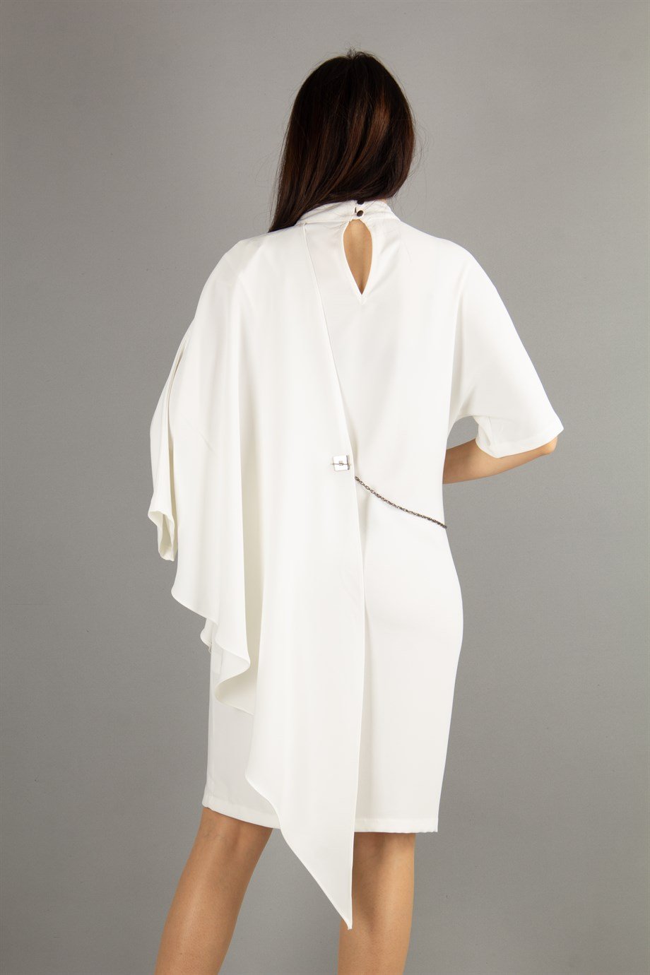 Draped Big Size Dress With Chain - White