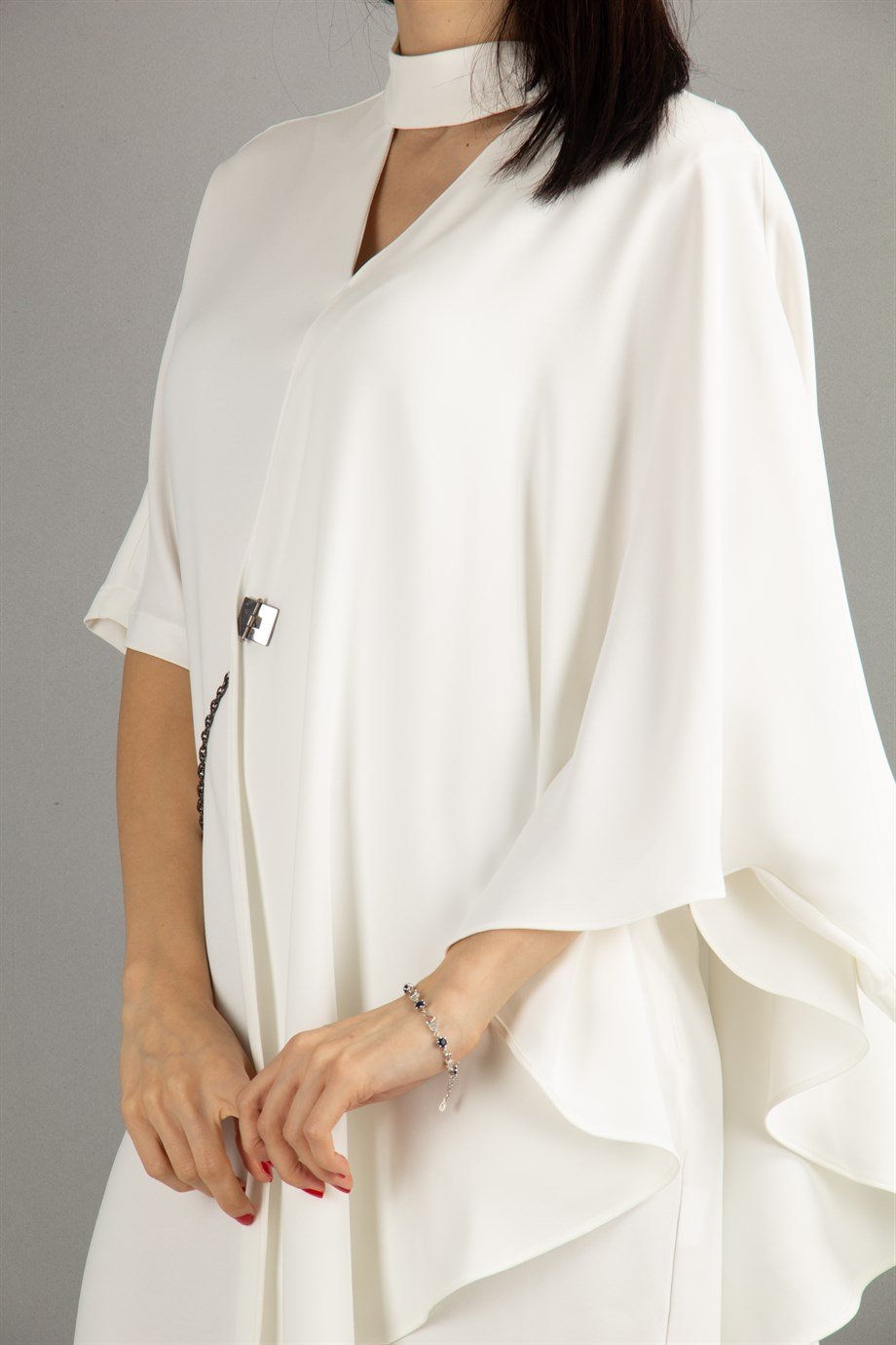 Draped Big Size Dress With Chain - White