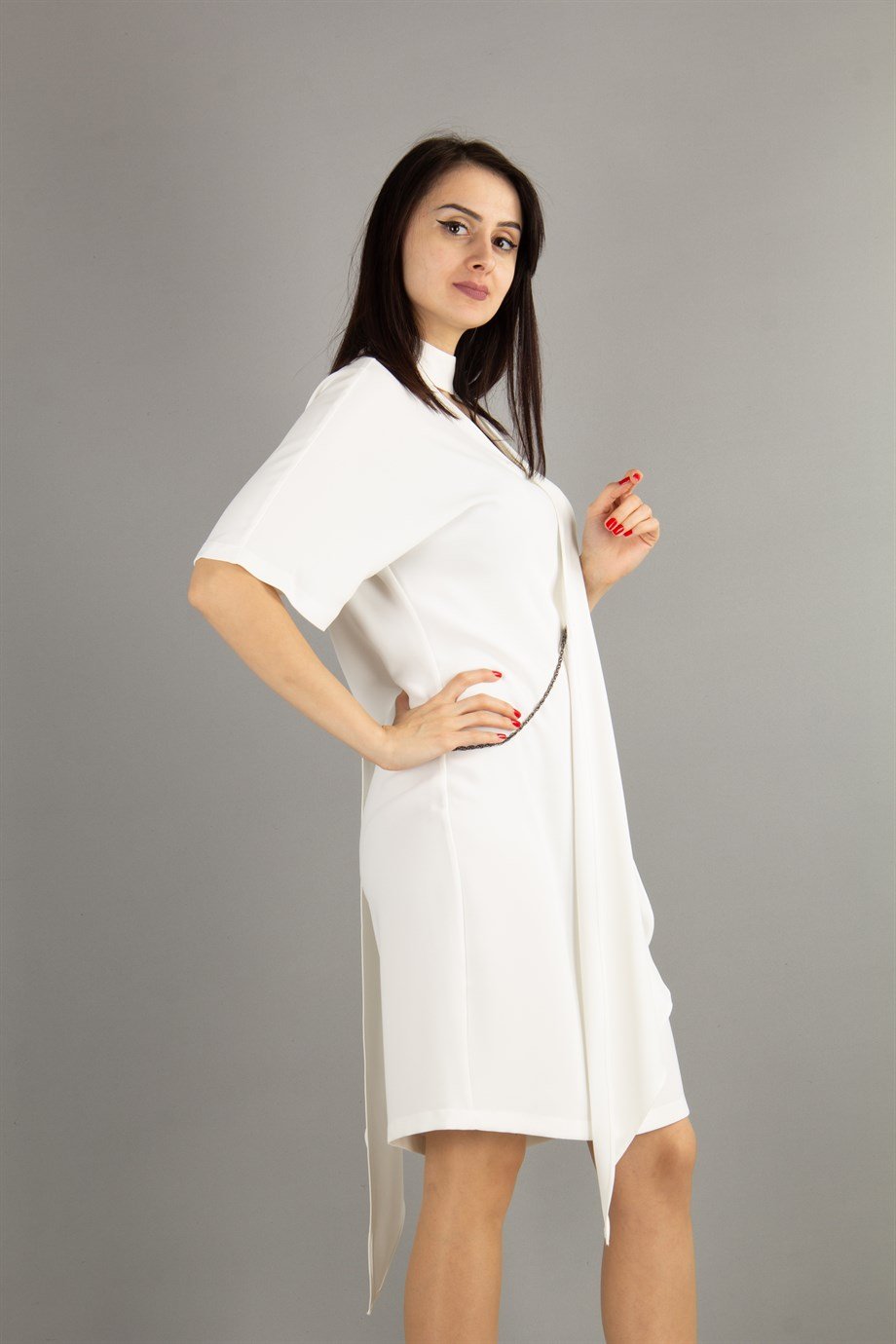 Draped Big Size Dress With Chain - White