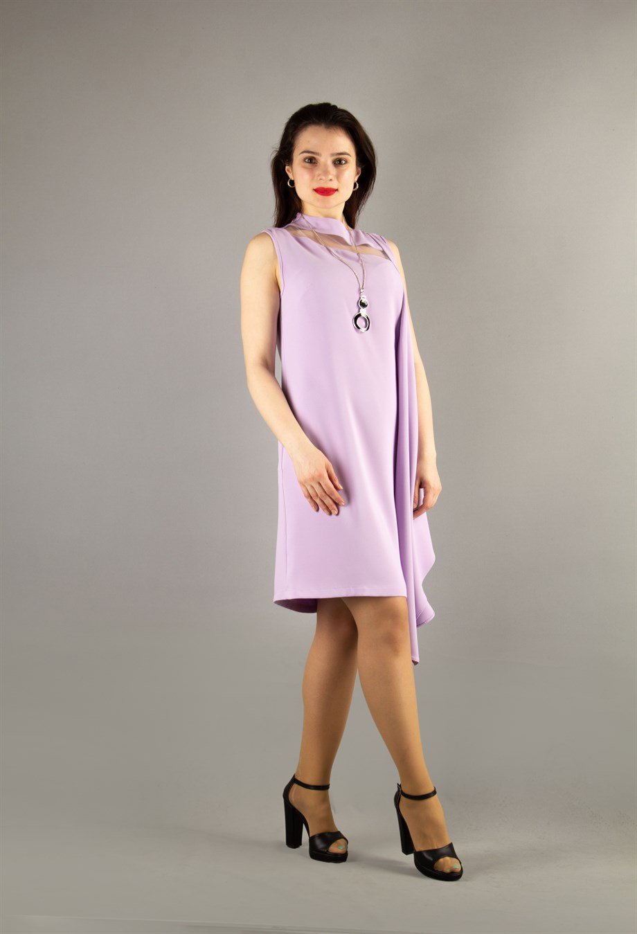 Draped Dress With Tulle Detail - Lilac