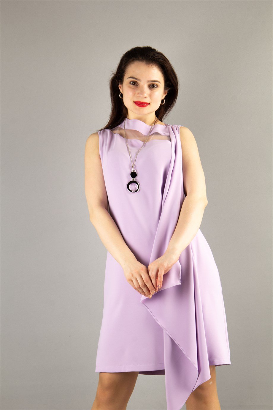 Draped Dress With Tulle Detail - Lilac