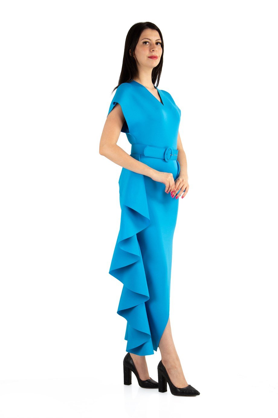 Draped Maxi Scuba Dress With Belt - Benetton Green