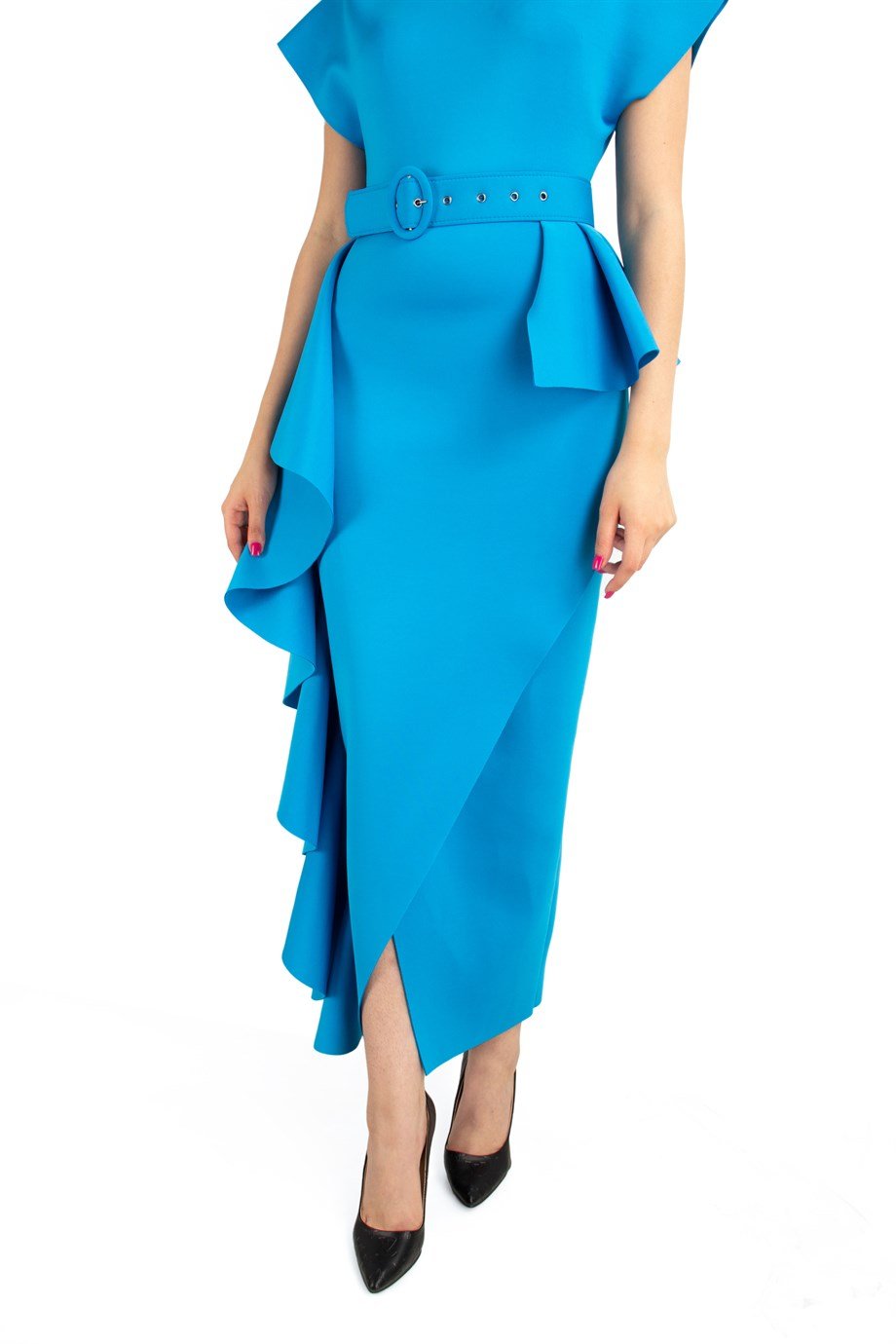 Draped Maxi Scuba Dress With Belt - Benetton Green