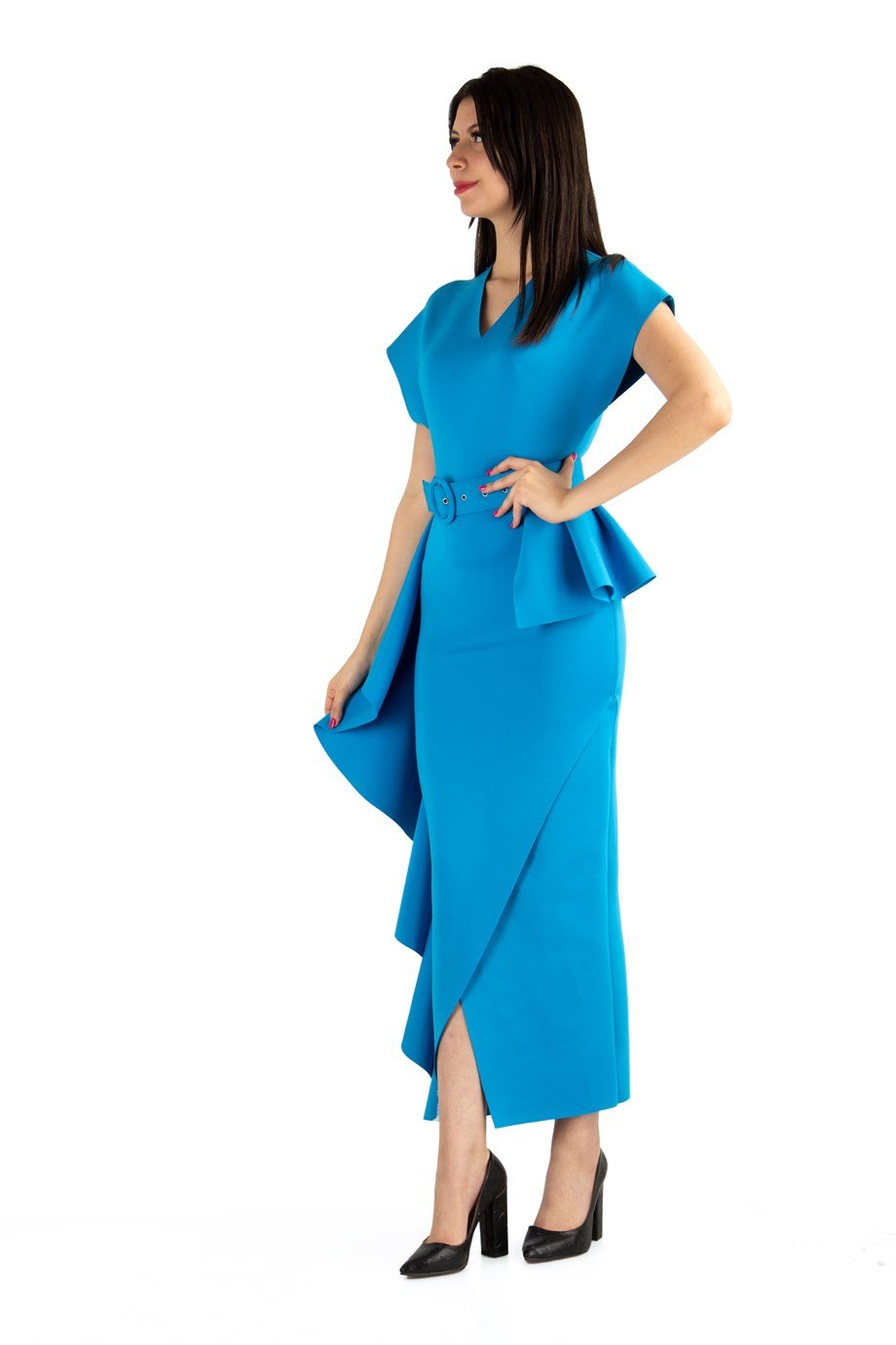 Draped Maxi Scuba Dress With Belt - Benetton Green