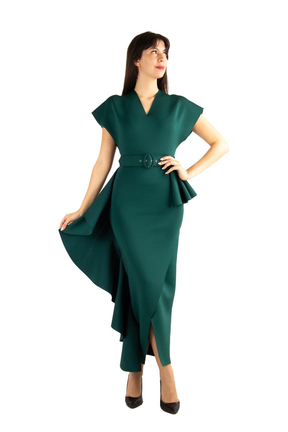 Draped Maxi Scuba Dress With Belt - Emerald