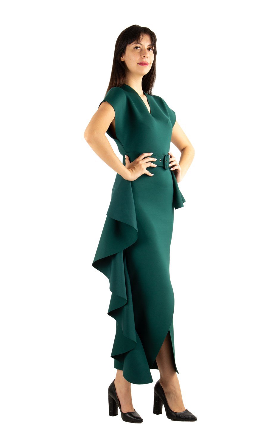 Draped Maxi Scuba Dress With Belt - Emerald