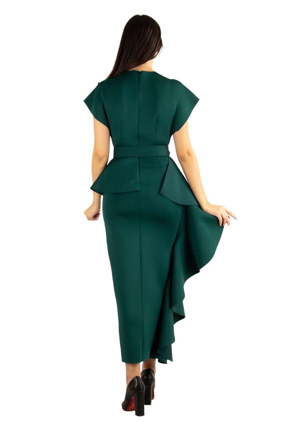 Draped Maxi Scuba Dress With Belt - Emerald