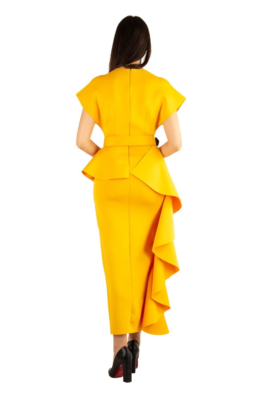 Draped Maxi Scuba Dress With Belt - Mustard